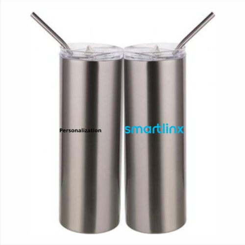 Personalized  - 20 oz. Insulated Stainless White Travel Mug w/Slider Lid - 20 oz Stainless Silver Skinny Tumbler with Stainless Straw and Lid Thumbnail